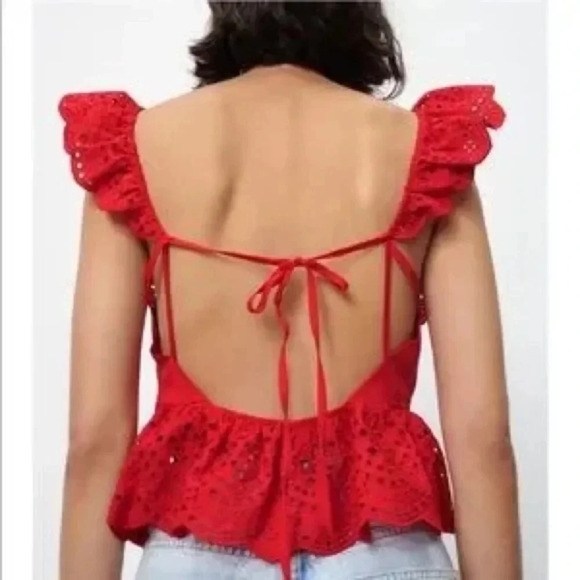 NWT Zara Openwork Embroidered Top Red Eyelet Ruffle Small - Picture 2 of 8